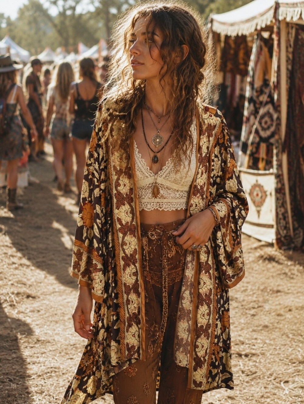 Soft Surroundings Brown Earthy Tone Open Front Bohemian Kimono Size Large